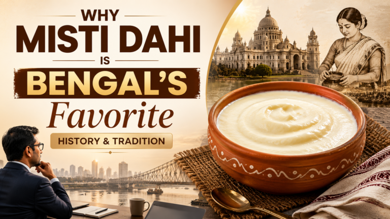 Why Misti Dahi Is Bengal's Favorite: History & Tradition Create a thumbnail for this blog (target audience is Indian businessman) my theme colour RATIO 16:9 ( Milkaza ) do not use any logo