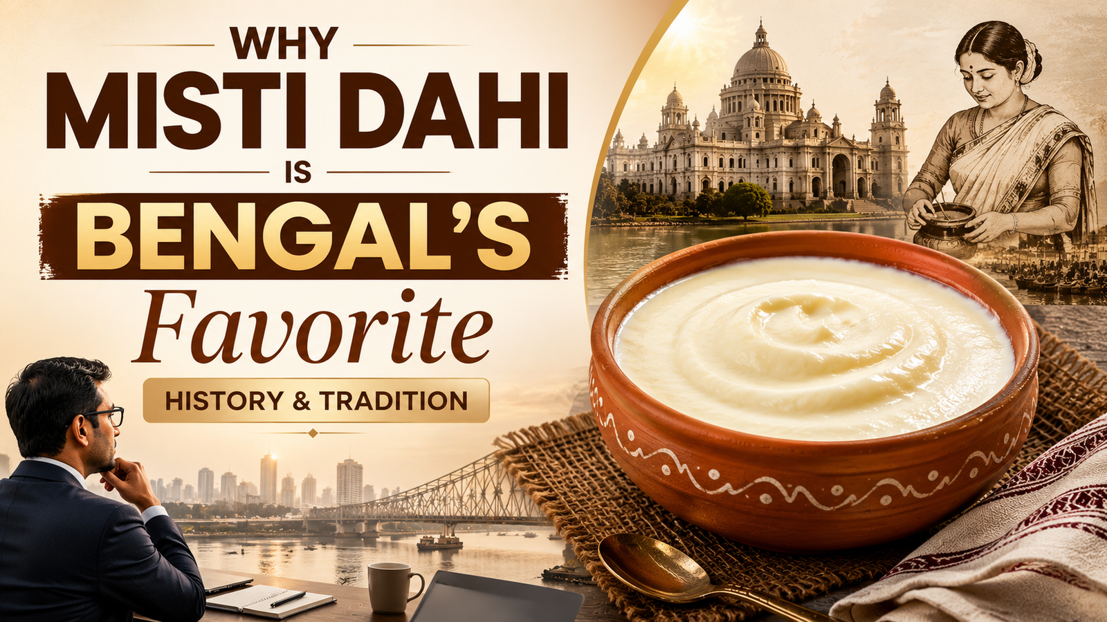 Why Misti Dahi Is Bengal's Favorite: History & Tradition Create a thumbnail for this blog (target audience is Indian businessman) my theme colour RATIO 16:9 ( Milkaza ) do not use any logo